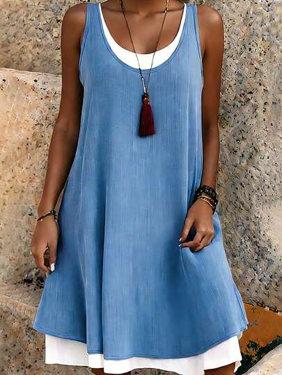 EMERY ROSE Women's Casual Vacation Colorblock Sleeveless Mini Dress