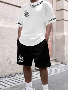 Manfinity EMRG 2pcs/Set Men's "LA American Tour" Gothic Letter Design Casual T-Shirt And Shorts Set - Multicolor - View 1