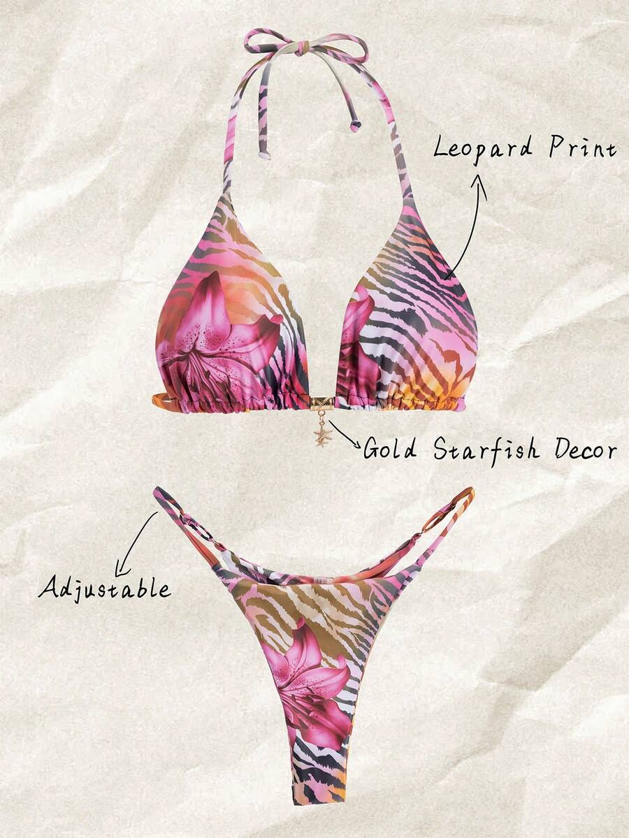 Swim Mod Springbreak Women Beachwear Summer Outfits, Random Print Halter Metal Decor Sexy Bikini Set - Multicolor - View 1