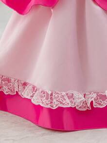 SHEIN Glamorique Kids Young Girl' Princess Dress,Satin Puff Sleeve Blush Pink Summer First Birthday Formal Dress With Pearl Ribbon,Gems,Lace Trim,Kids Party Wedding Outfits - Hot Pink - View 5