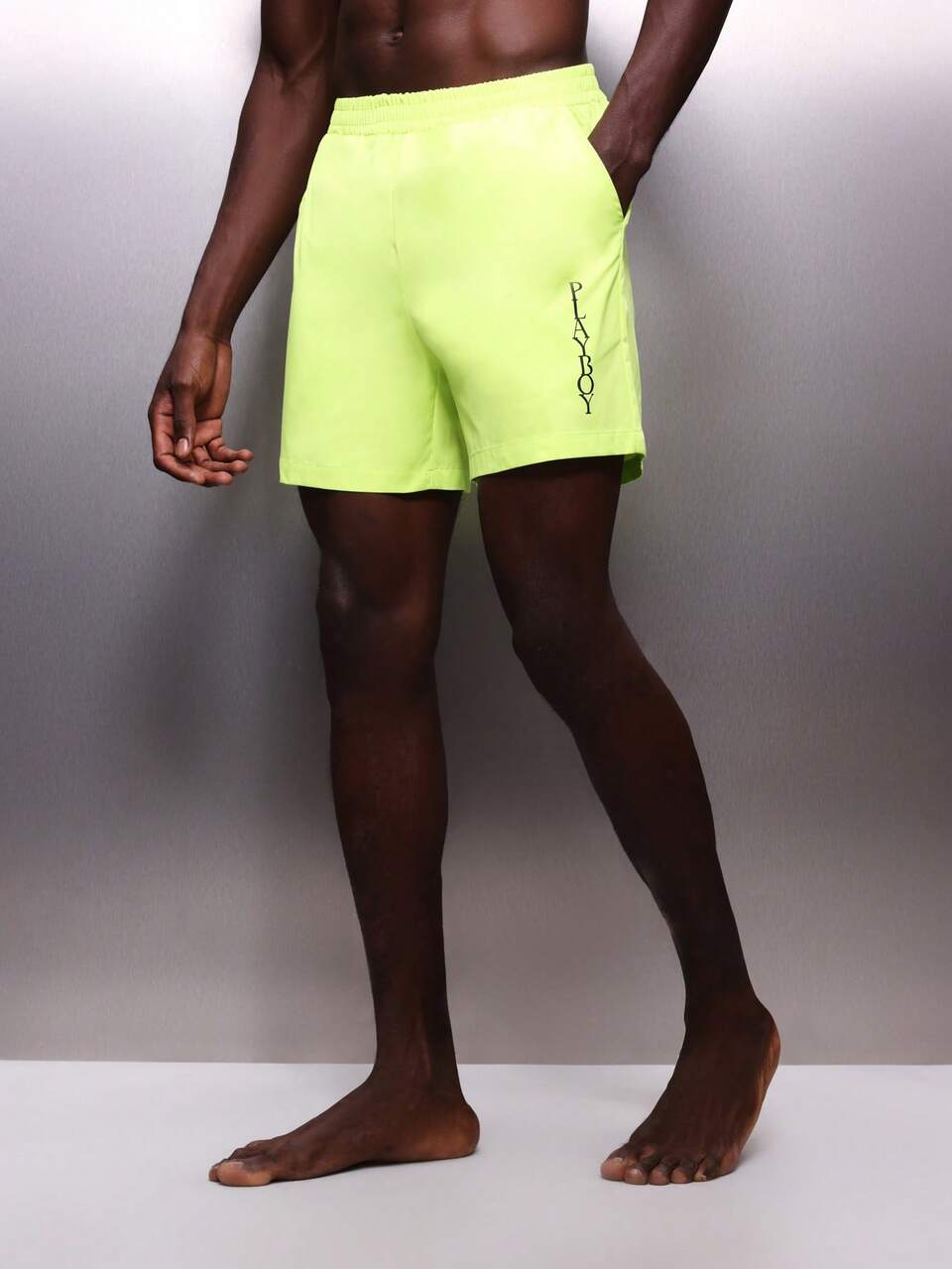 PLAYBOY X SUMWON Men Essential Summer Beach Swim Shorts With Vertical Logo Print Elastic Waistband Mid Thigh Length Neon Swimming Trunks