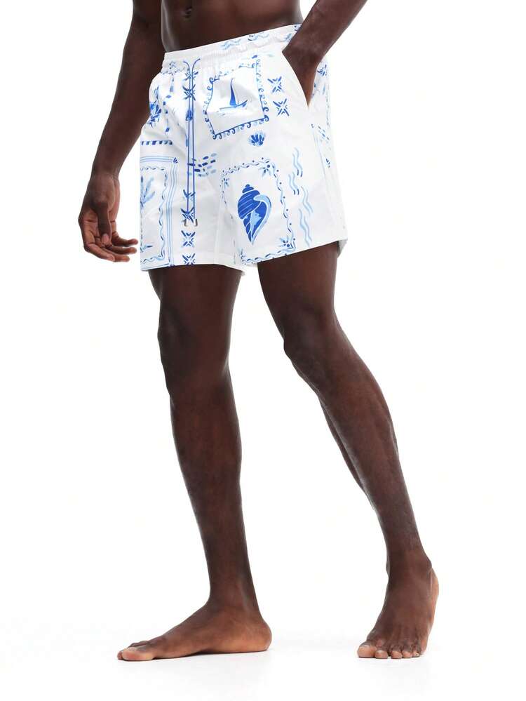 Men Beach Short Length Swim Trunks With Nautical Themed Blue Print Pattern Summer Vacation Pool Water Sports Swimwear