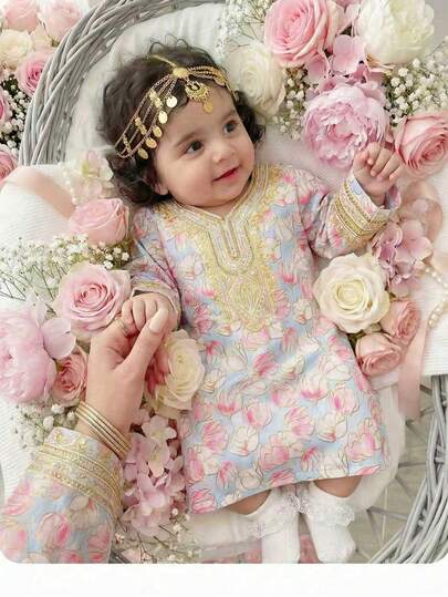 SHEIN Newborn Baby Girl Floral Print Loose Long Sleeve Dress, Suitable For Holiday, Party