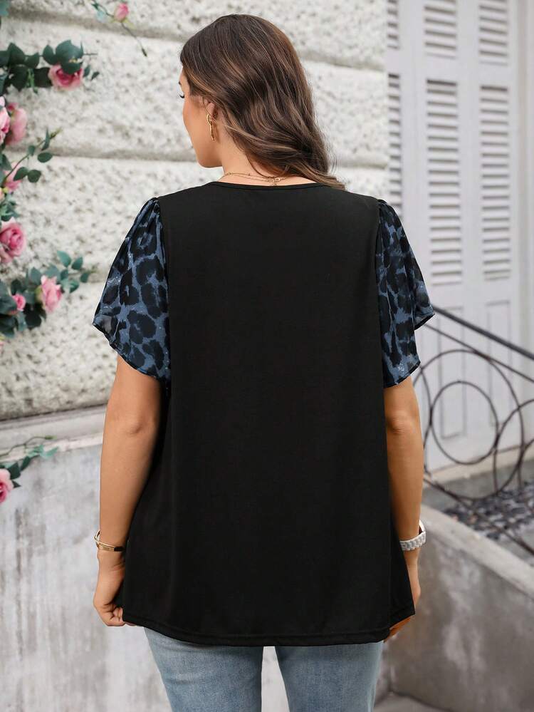 Plus Size Women Leopard Print Tie Front Ruffle Sleeve Dressy Blouse, Summer Tops