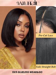 Yaki 直发短波波头假发，真人发，5x5，预处理，无胶假发，蕾丝前假发，真人发，预拔毛发际线，即戴即用，预剪裁，无胶真人发假发，180% 密度 - Natural Black - 查看 1