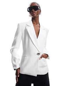 Aveloria Affinna White Backless Women's Blazer, High-End Wide Shoulder Silhouette, Metal Asymmetric Buckle Minimalist Deconstructed Style Women's Blazer - White - View 7