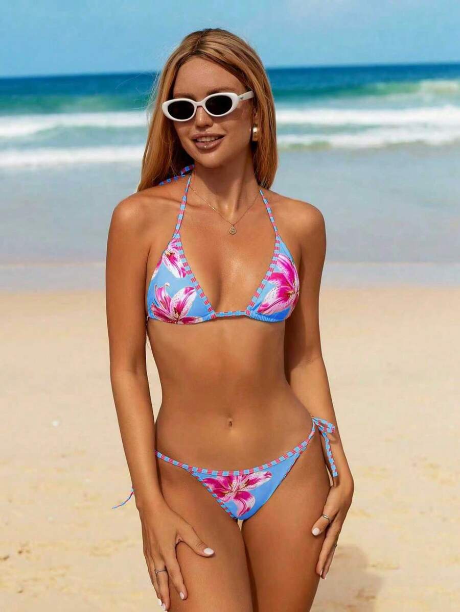 Swim Mod 女士新款印花细肩带露背上衣和侧系带泳裤性感比基尼套装 - 藍色 - 查看 1