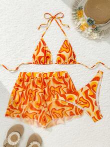 Swim Vcay Bộ bikini gợi cảm buộc dây cổ cho nữ, thích hợp mặc đi biển mùa hè, kèm quần short. - trái cam - Xem 2