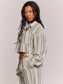 MUSERA Textured Linen Stripe Button Shirt Co-Ord Top Only Spring Summer Beachwear Holiday Vacation Cute Casual - Multicolor - View 3