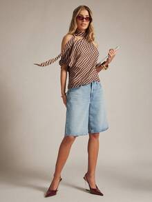 Hauture Women's Off Shoulder Office Wear Diagonal Stripe Blouse - Multicolor - View 6