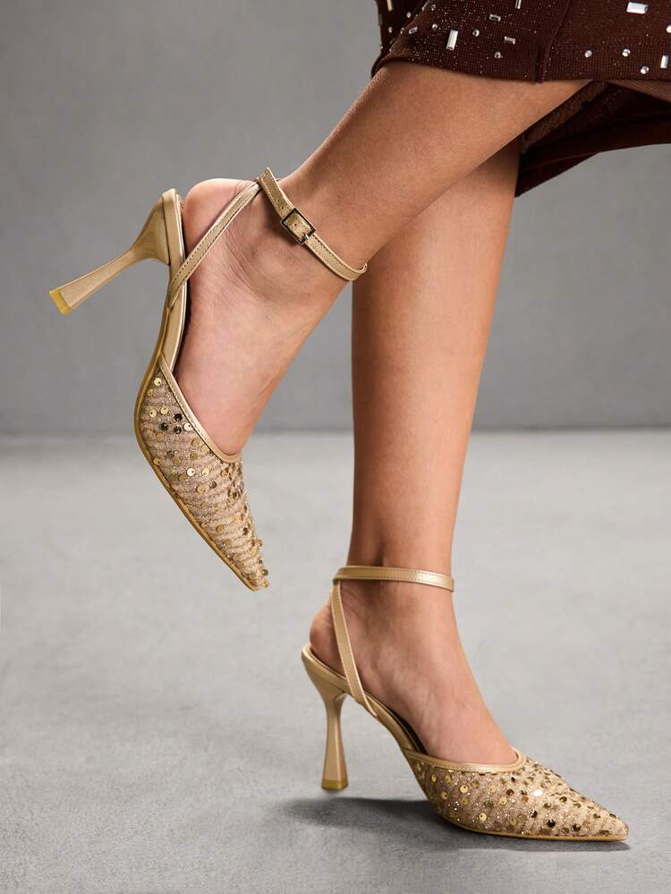 CUCCOO SZL Women's Sequin Mesh Closed Toe High Heel Sandals, Fashionable Casual Wear For Work, Summer/Autumn Spring Shoes