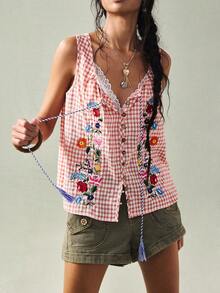 SoleilVie 女士粉色格子刺绣衬衫 - 无袖方领流苏系带前襟花卉刺绣夏季衬衫 - 粉色 - 查看 5