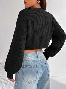 EURMUSE White Lantern Sleeve Button Front Rib Knit Cardigan - Black - View 2