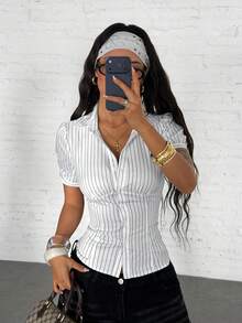 Women's White Striped Short Sleeve Shirt, StreetHxY2 Deep V-Neck Slim Fit, Punk Rock Sexy Crop Top,White Blouse , Striped Fitted Blouse - Black - View 5