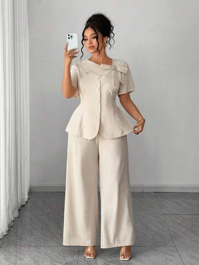 Elenzga ชุดสูทลำลองขายาวเอวสูงสำหรับผู้หญิงอวบอ้วน, คาร์ดิแกนแขนสั้นคอปกไม่สมมาตรประดับโบว์, เอวเข้ารูป, สไตล์หรูหราสำหรับใส่ทำงาน