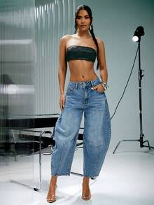 Denimoi Barrel Leg Washed Denim Jeans Fashionable Denim Fall & Winter Denim On Denim - Medium Wash - View 2