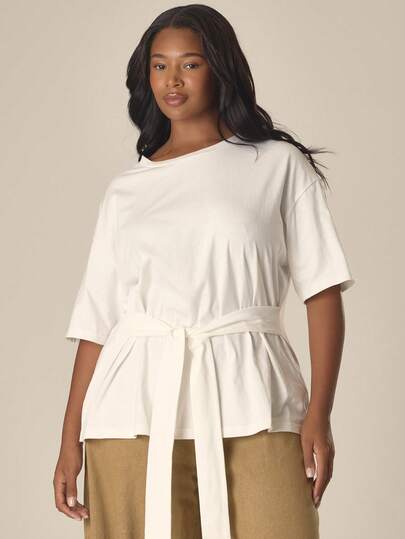 MUSERA Camiseta de talla grande con cuello asimétrico y cintura con lazo, primavera-verano, estilo cottage acogedor y lindo