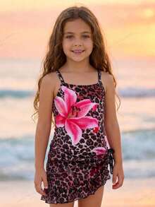 SHEIN Young Girl Leopard & Floral Print One-Piece Swimsuit Cover-Up With Skirt, Beach Vacation - Brown - View 3