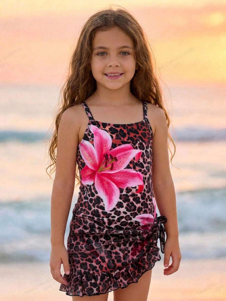 SHEIN 女童豹纹碎花印花连体泳衣罩衫带裙，适合海滩度假 - 棕色 - 查看 1