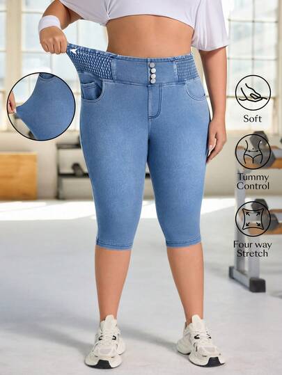 Flexra Pantalon Capri Skinny en Denim Sport Léger pour Femmes Grandes Tailles, Style Street Smart décontracté, Bleu Clair, Été, Vacances