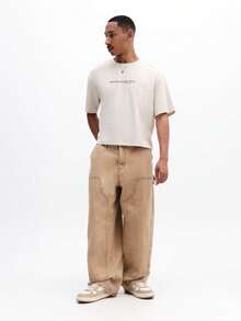 SUMWON Men's Casual Box Fit Printed Short Sleeve Crew Neck T-Shirt With Japanese Inspired Chain Link Logo Design Summer Basic Cotton Tee - Apricot - View 3