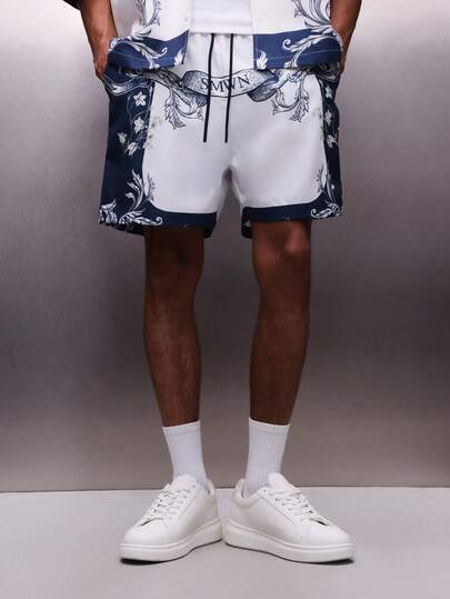 PLAYBOY X SUMWON Men's Ornate Baroque Print Resort Drawstring Shorts With Decorative Floral Motifs And Contrast Panels For Summer Vacation Beach