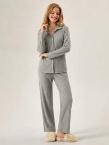 100%Cotton Shirt Style Buttoned Striped Dark Blue 2 Pieces Pajama Set - Grey - View 4