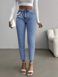 EURMUSE 100%Cotton High Waist Pearl Decor Mom Fit Jeans - Baby Blue - View 6