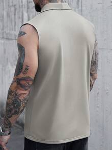 Manfinity CasualCool 男士休閒純色背心，卡其色，夏季，獵遊風，夜晚無袖婚禮背心，優雅老錢風米色度假背心 - 灰色 - 查看 2