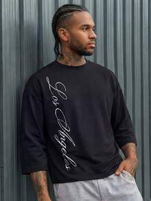 AXEPEAK 男士字母印花宽松圆领落肩七分袖T恤，简约风格 - 黑色 - 查看 7