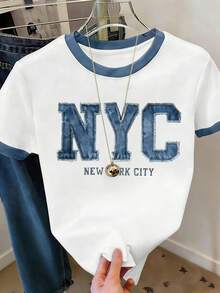 Resyla 女士100% Y2K街头风T恤 - 印有“NYC”字样，休闲风格，白色底蓝色滚边，夏季时尚日常穿着的完美之选 | Y2K | 时尚文字设计，女士T恤 - 粉色 - 查看 3