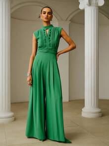 ZEYLAH Elegant Gathered Wide Leg Jumpsuit, Spring/Summer - Green - View 4