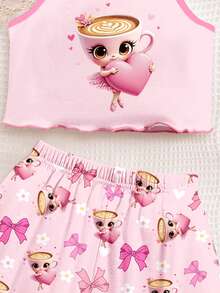 奶油粉色可爱卡通爱心芭蕾舞公主马克杯，蝴蝶结，花卉印花图案；少女休闲简约修身卡通印花吊带背心短裤睡衣套装，适合夏季；吊带套装，吊带短裤套装，轻松舒适，休闲随性，少女风 - 彩色 - 查看 5