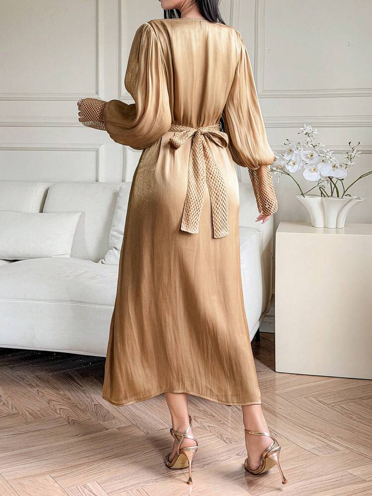 Women's Elegant Patchwork Dress With Belt, Two Pieces Set, Spring/Summer