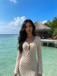 Bonvoyette 白色镂空针织吉祥搭扣镂空喇叭袖网红沙滩罩衫女装 - 白色 - 查看 8