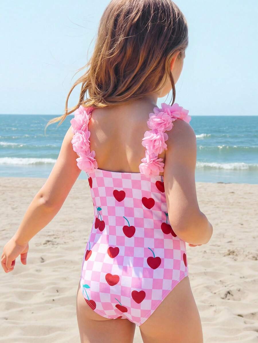 Emery Rose Kids Emery Rose Kids 女童条纹蝴蝶结花卉连体泳衣 - 粉色 - 查看 1