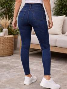 Jeans skinny tiro alto mezclilla stretch roto casual urbano ajustado temporada primavera verano - Azul - Ver 4
