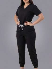 Set Surgical Uniform Set 2 Pieces Lady Woman Sleeve Short Neck V Pants Jogger Spring Comfy Drawstring - Black - View 5