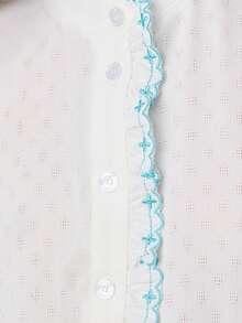 Nöista White Blouse, Long Puffed Sleeves, And Button-Down Front. Blue Ruffled Trim On The Collar, Front Placket, And Cuffs. Spring, Summer Women. - White - View 7