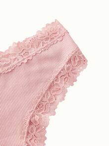 1pc Women's Lace Trim Ribbed Romantic Low Waist Brazilian Panty - Pink - View 4