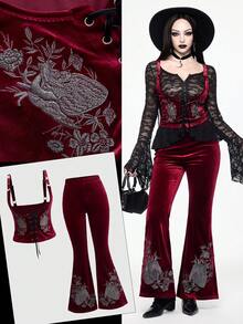 ROMWE Goth Conjunto de mujer de terciopelo con bordado de corazón gótico y floral - Burdeos - Ver 11