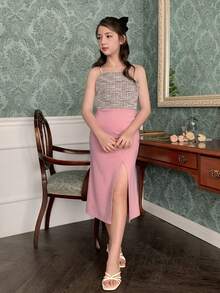 DAZY 少女撞色褶皱开衩设计时尚派对吊带裙度假装 - 粉色 - 查看 2