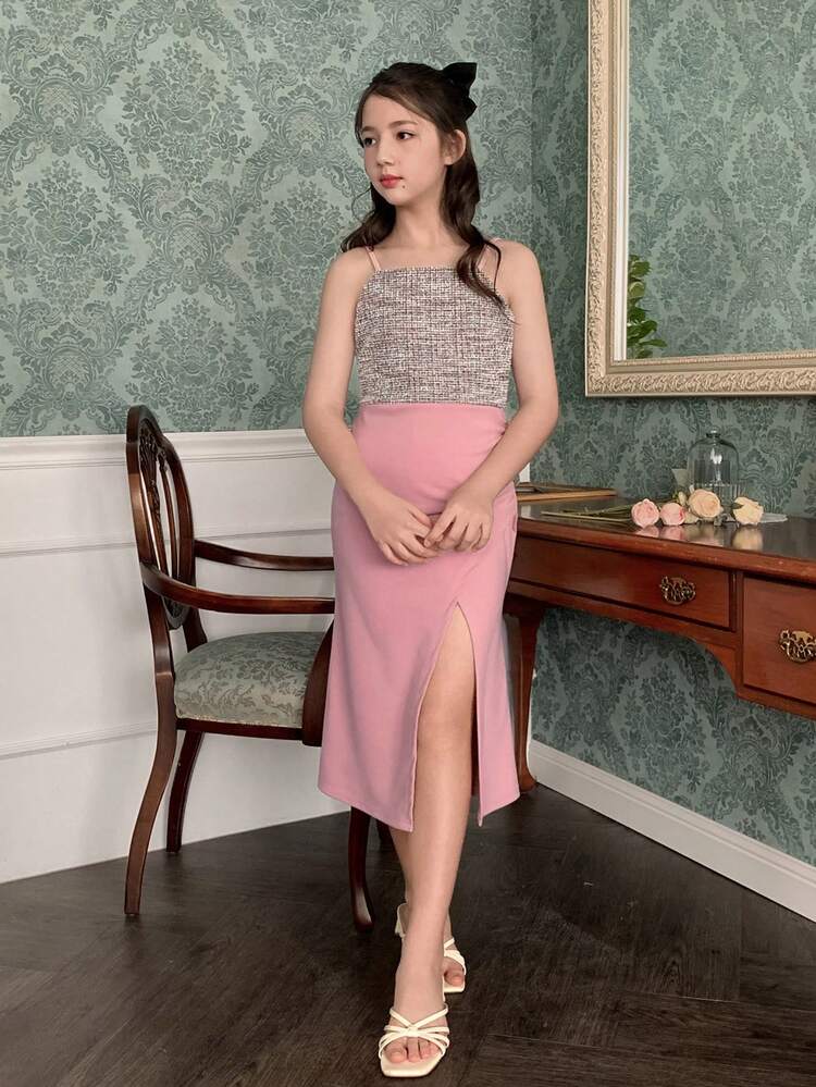 Tween Girl Colorblock Ruched Slit Design Fashion Party Cami Dress