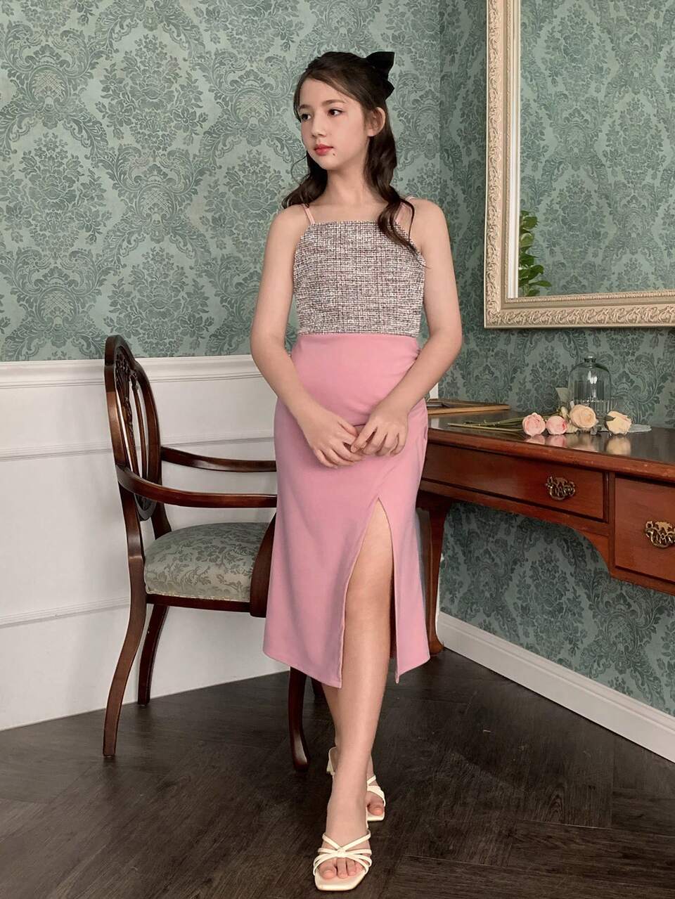 Tween Girl Colorblock Ruched Slit Design Fashion Party Cami Dress Vacation
