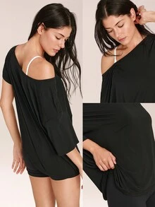 GLOWMODE 2 Pieces Tencel™ Modal 4.3''Asymmetric Relaxed Off-Shoulder Tee & 4.3" FeatherFit™ Buttery-Soft Crossover Biker Shorts Gym Cycling Running - Black - View 8