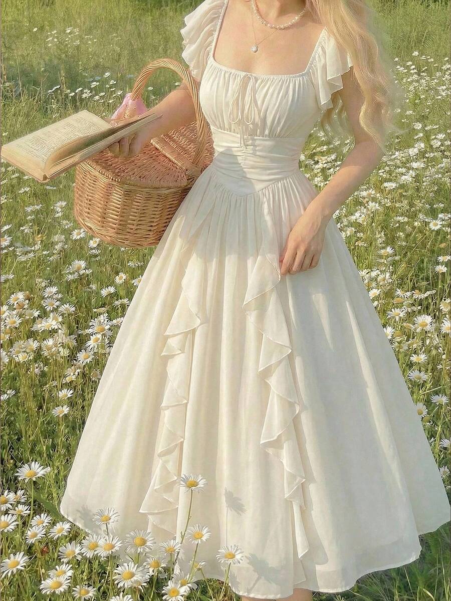 SHEIN MOD 杏色荷叶边灯笼袖女士长款连衣裙，秋季女装 - 杏色 - 查看 1