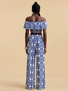 Travachic Women's Vacation Casual All-Over Print Off-Shoulder Ruffle Hem Crop Top And Long Pants 2-Piece Set - Multicolor - View 2