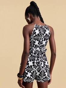 Travachic Women's Vacation Casual All-Over Print Halter Romper - Black and White - View 2