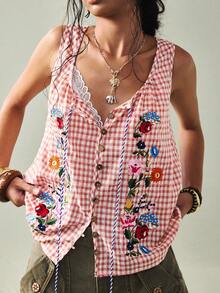 SoleilVie 女士粉色格子刺绣衬衫 - 无袖方领流苏系带前襟花卉刺绣夏季衬衫 - 粉色 - 查看 1