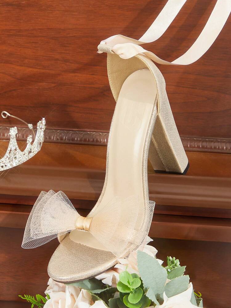 CUCCOO HITCHD Champagne Color Chunky Heel Sandals, Mesh Bow Decor, Satin Lace-Up, Sweet & Elegant Party/Date Shoes For Women Elegant Shoes Wedding Shoes